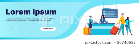 Happy travelers going through flight registration counter 80740682