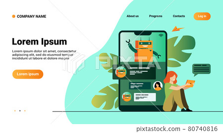 Tiny woman using mobile assistant with chatbot Tiny woman using mobile assistant with chatbot 80740816