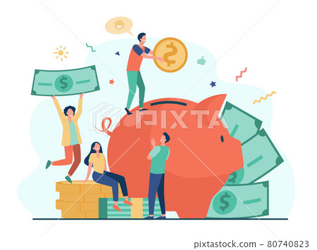 Tiny people saving money in piggy bank Tiny people saving money in piggy bank 80740823