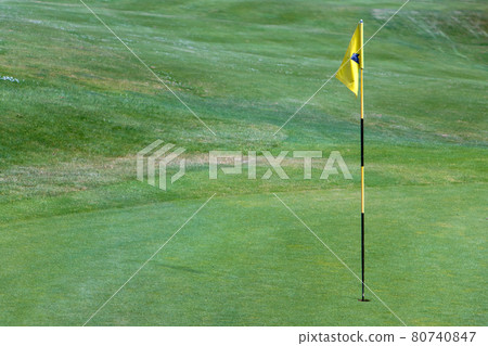 A yellow flag on a pole in a hole on a golf course 80740847