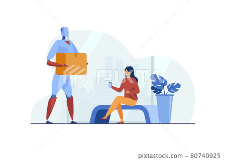 Robot delivering parcel to woman flat vector illustration 80740925