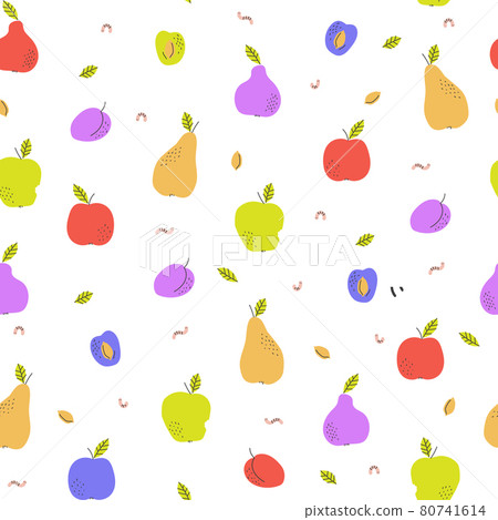 Bright summer seamless pattern with harvest of apples, pears, plums Bright summer seamless pattern with harvest of apples, pears, plums 80741614
