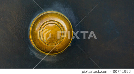 Closeup on a round door handle with decorative elements, door decoration 80741993