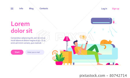 Young man relaxing at couch under air conditioner 80742714