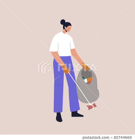 A guy collects garbage in a trash bag. Eco-volunteer clean the polluted environment from garbage. Flat vector illustration on isolated background. Eps 10. A guy collects garbage in a trash bag. Eco-volunteer clean the polluted environment from garbage. Flat vector illustration on isolated background. Eps 10. 80744660