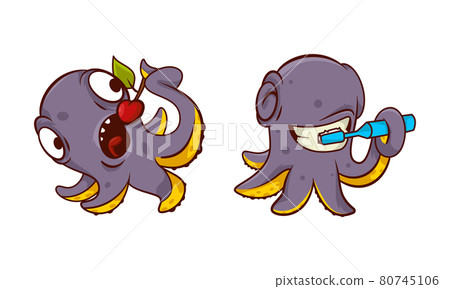 Funny Purple Octopus Character with Tentacles Brushing Teeth and Eating Cherry Vector Set Funny Purple Octopus Character with Tentacles Brushing Teeth and Eating Cherry Vector Set 80745106