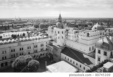 Black and white picture of Pomeranian Dukes Castle and Szczecin cityscape, Poland. Black and white picture of Pomeranian Dukes Castle and Szczecin cityscape, Poland. 80745109