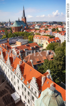Aerial view of Szczecin cityscape with castle courtyard at the bottom and cathedral in distance, Poland. 80745110