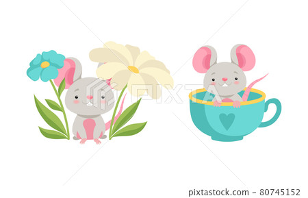 Cute Grey Mouse Character Sitting in Huge Cup and Under Flowers Vector Set 80745152