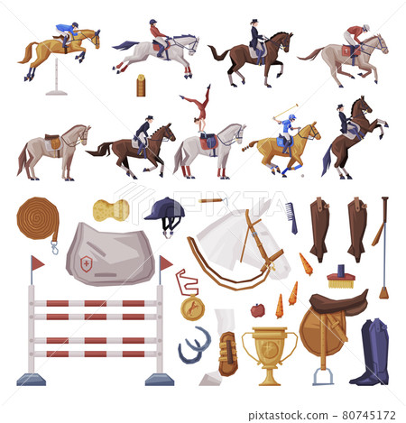 People Riding Horses, Equestrian Sport Equipment Big Set, Horse Riding Essentials and Grooming Tools Vector Illustration 80745172