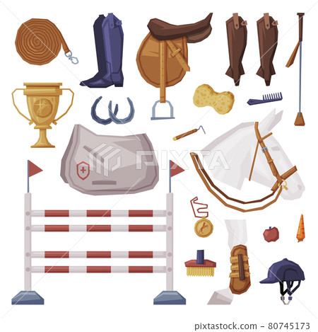 Equestrian Sport Equipment Set, Horse Riding Essentials and Grooming Tools Vector Illustration 80745173