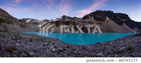 Panoramic View of Vibrant Colorful Glacier Lake up in Rocky Mountains Panoramic View of Vibrant Colorful Glacier Lake up in Rocky Mountains 80745177