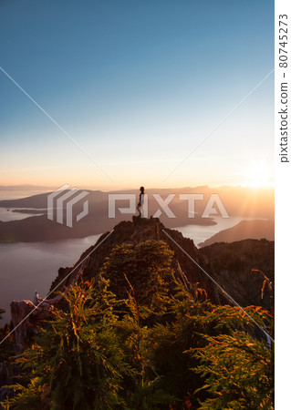 Adventurous Caucasian Woman Hiking on top of a Rocky Mountain Cliff. Adventurous Caucasian Woman Hiking on top of a Rocky Mountain Cliff. 80745273