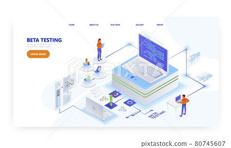 Beta testing, landing page design, website banner vector template. Software testing and quality assurance. Beta testing, landing page design, website banner vector template. Software testing and quality assurance. 80745607