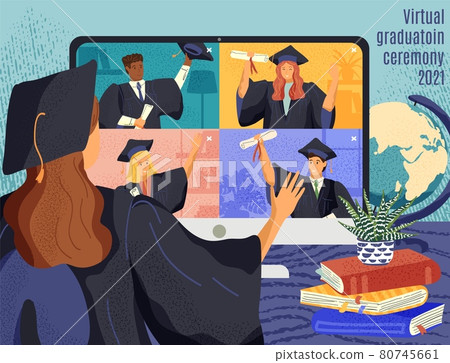Virtual online graduation ceremony concept vector illustration. Students graduate by video call during coronavirus quarantine. Female student greets her fellow graduates in gowns and hats on a screen 80745661