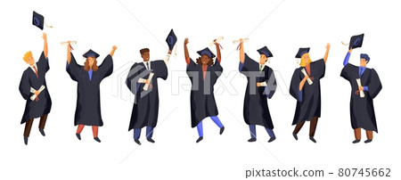 Group of graduate students wearing gown and graduation cap. University students hold diploma and celebrate graduation day. People isolated, vector illustration. College ceremony, academic degree Group of graduate students wearing gown and graduation cap. University students hold diploma and celebrate graduation day. People isolated, vector illustration. College ceremony, academic degree 80745662
