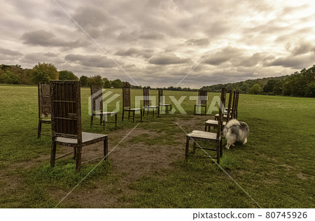 12 bronze chairs - Jurors artwork by Hew Locke in Runnymede, Surrey, United Kingdom 80745926