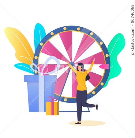 Lucky woman, Fortune wheel game winner getting prize, vector illustration. Tv game show, casino and gambling. Lucky woman, Fortune wheel game winner getting prize, vector illustration. Tv game show, casino and gambling. 80746069