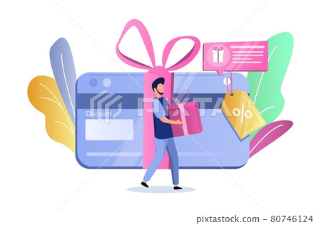 Discount card, man with gift box, vector illustration. Bonus gift card, coupon, voucher, earn reward, loyalty program. Discount card, man with gift box, vector illustration. Bonus gift card, coupon, voucher, earn reward, loyalty program. 80746124