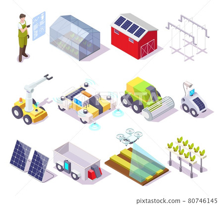 Smart farm, vector isometric icon set. Farmer, drone, greenhouse, solar panel, agricultural robotics automated equipment 80746145