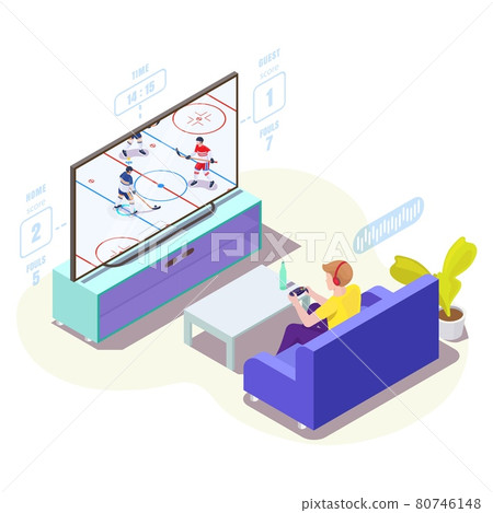 Man gamer in headphones playing ice hockey video game on tv, vector isometric illustration. Online gaming, console games Man gamer in headphones playing ice hockey video game on tv, vector isometric illustration. Online gaming, console games 80746148