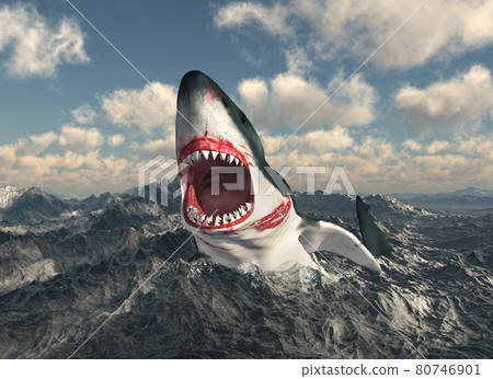Great white shark leaping out of the stormy sea Great white shark leaping out of the stormy sea 80746901