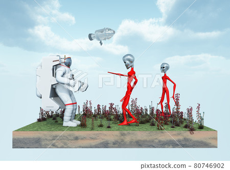 Astronaut, spaceship and aliens Astronaut, spaceship and aliens 80746902