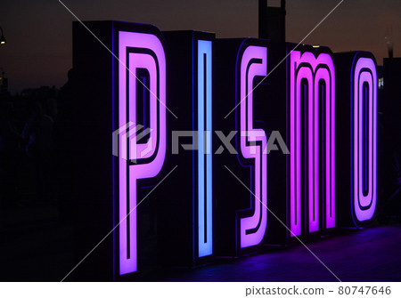 Seven Foot tall letters on the Pismo Beach Pier Plaza. Pismo beach is on the Pacific Ocean in San Luis Obispo County, California 80747646
