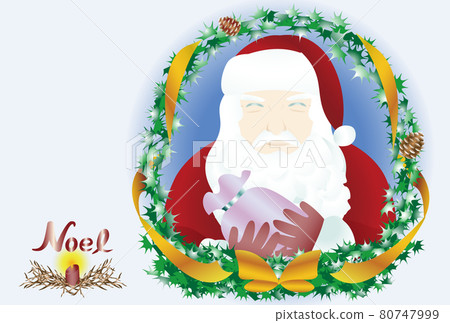 Golden ribbon wreath and Santa Claus and Noel Golden ribbon wreath and Santa Claus and Noel 80747999