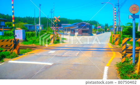 Country roads and railroad crossings Anime-style processing Country roads and railroad crossings Anime-style processing 80750402