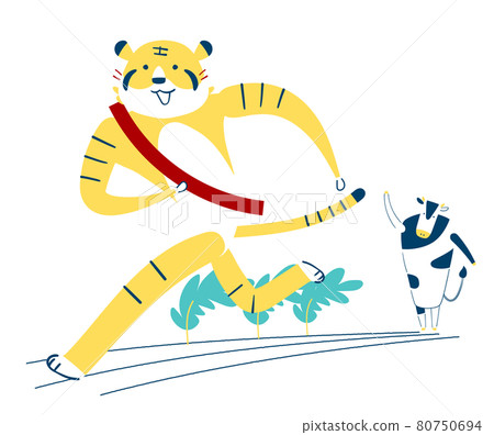 2022 New Year's card A tiger runner running energetically while being seen off by a cow Illustration material 2022 New Year's card A tiger runner running energetically while being seen off by a cow Illustration material 80750694
