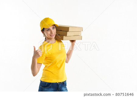 Woman delivery woman in yellow uniform on white background Woman delivery woman in yellow uniform on white background 80751646