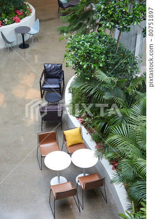 Empty tables and chairs in a cafe with lots of trees and plants 80751897