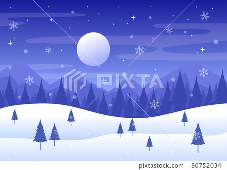 Christmas Winter Landscape and New Year Background Vector Illustration With a View Of Falling White Snow, Trees, Mountains In Flat Style Design Christmas Winter Landscape and New Year Background Vector Illustration With a View Of Falling White Snow, Trees, Mountains In Flat Style Design 80752034