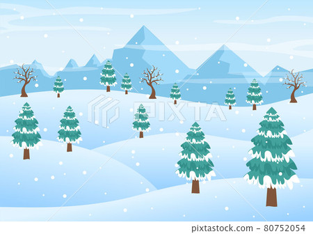 Christmas Winter Landscape and New Year Background Vector Illustration With a View Of Falling White Snow, Trees, Mountains In Flat Style Design Christmas Winter Landscape and New Year Background Vector Illustration With a View Of Falling White Snow, Trees, Mountains In Flat Style Design 80752054