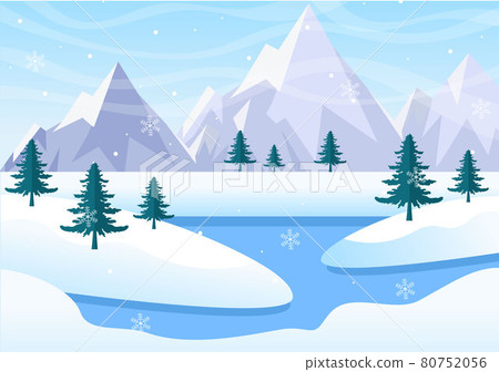Christmas Winter Landscape and New Year Background Vector Illustration With a View Of Falling White Snow, Trees, Mountains In Flat Style Design Christmas Winter Landscape and New Year Background Vector Illustration With a View Of Falling White Snow, Trees, Mountains In Flat Style Design 80752056