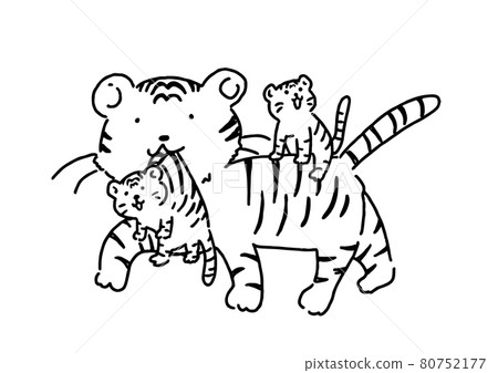 黑白相間的老虎帶著孩子走的親子手繪風格插畫 黑白相間的老虎帶著孩子走的親子手繪風格插畫 80752177