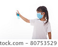 Cute Asian girl wearing a mask and washing her hands with alcohol to prevent spreading the disease on a white background. Prevention of the spread of influenza virus Coronary COVID-19 influenza 80753529