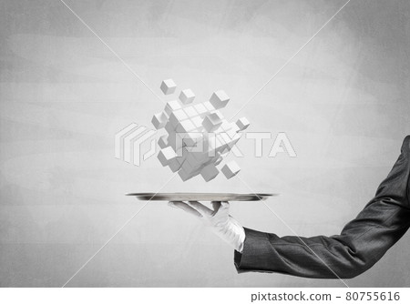 Hand of waiter presenting cubes on tray. 80755616