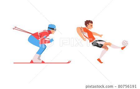 Man Character Skiing and Playing Football in Boots Vector Set 80756191