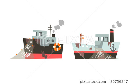 Fishing Vessel or Boat with Net and Steaming Funnel for Catching Fish in the Sea Vector Set Fishing Vessel or Boat with Net and Steaming Funnel for Catching Fish in the Sea Vector Set 80756247
