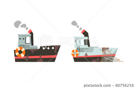 Fishing Vessel or Boat with Net and Steaming Funnel for Catching Fish in the Sea Vector Set 80756258