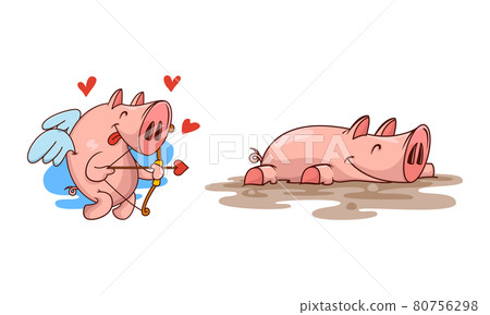 Pink Pig as Cupid with Bow and Arrow and Lying in Mud Puddle Vector Set Pink Pig as Cupid with Bow and Arrow and Lying in Mud Puddle Vector Set 80756298