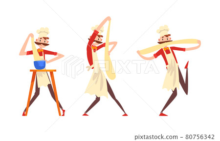 Moustached Male Pizzaiolo in Apron and Toque Preparing Italian Pizza Kneading and Tossing Dough Vector Set 80756342
