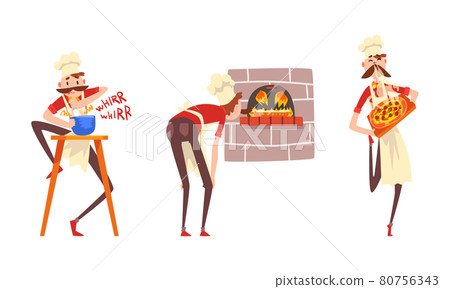 Moustached Male Pizzaiolo in Apron and Toque Preparing Italian Pizza Whisking Dough and Smelling Vector Set 80756343