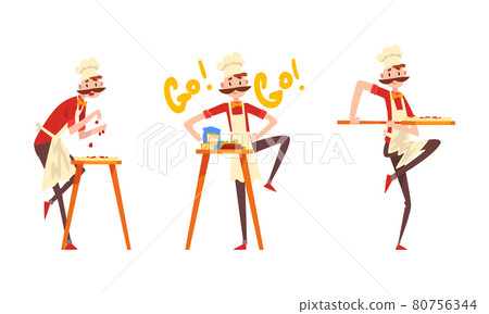 Moustached Male Pizzaiolo in Apron and Toque Preparing Italian Pizza Kneading Dough and Topping with Ingredients Vector Set 80756344