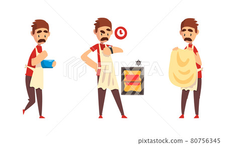 Moustached Male Pizza Maker in Apron Preparing Italian Pizza Kneading and Forming Dough Vector Set 80756345