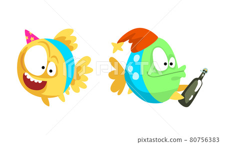 Funny Fish Character Floating with Champagne Bottle Celebrating Holiday Vector Set 80756383