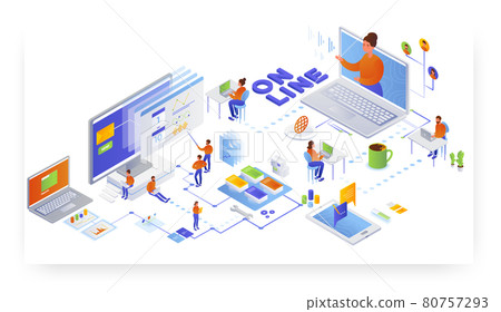 Online teaching and tutoring, webinar, remote education, distance learning, flat vector isometric illustration. Online teaching and tutoring, webinar, remote education, distance learning, flat vector isometric illustration. 80757293