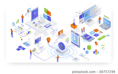 IT service delivery, cdn. Software program, app installation. Wireless network technology, vector isometric illustration 80757299
